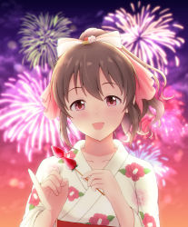 Rule 34 | 1girl, :d, aerial fireworks, arms up, blurry, bow, brown hair, collarbone, commentary request, depth of field, fireworks, floral print, food, fruit, gradient sky, gucchi (gucchi2501), hair between eyes, hair bow, head tilt, highres, holding, holding food, hori yuuko, idolmaster, idolmaster cinderella girls, japanese clothes, kimono, looking at viewer, night, obi, open mouth, outdoors, pink bow, pink eyes, pinky out, ponytail, sash, skewer, sky, smile, solo, standing, strawberry, upper body, yukata