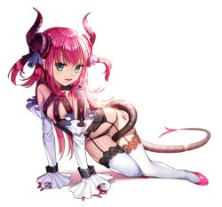 Rule 34 | 10s, 1girl, adapted costume, all fours, arm support, asymmetrical horns, between legs, black panties, blue eyes, blush, breasts, commentary, detached sleeves, dragon tail, elizabeth bathory (fate), elizabeth bathory (fate/extra ccc), elizabeth bathory (first ascension) (fate), fate/extra, fate/extra ccc, fate (series), fingernails, full body, ganik (pisshine), garter belt, garter straps, gluteal fold, horn ornament, horns, lace, lace-trimmed legwear, lace trim, lips, long fingernails, long hair, looking at viewer, necktie, no pants, open mouth, panties, pink hair, pink lips, pink necktie, pointy ears, simple background, sleeves past wrists, small breasts, solo, sparkle, tail, thigh gap, thighhighs, underwear, uneven horns, white background, white thighhighs
