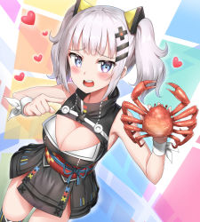 Rule 34 | 1girl, animal, bare shoulders, black dress, blue eyes, blush, breasts, cleavage, cleavage cutout, clothing cutout, commentary request, crab, dress, fingernails, hair ornament, hairclip, heart, heart-shaped pupils, highres, holding, holding animal, kaguya luna, large breasts, long hair, nedia (nedia region), obi, pointing, sash, sidelocks, silver hair, sleeveless, sleeveless dress, solo, symbol-shaped pupils, the moon studio, thighhighs, twintails, virtual youtuber, wavy mouth