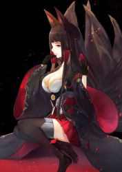 Rule 34 | 1girl, akagi (azur lane), animal ears, azur lane, black background, black gloves, black thighhighs, blunt bangs, breasts, brown hair, cleavage, fingers to mouth, fox ears, fox girl, fox tail, full body, gloves, holding, japanese clothes, kimono, large breasts, looking away, multiple tails, no shoes, profile, red eyes, red skirt, sayuumigi, short kimono, simple background, sitting, skirt, solo, tail, thighhighs, wide sleeves