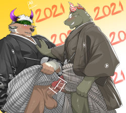 Rule 34 | 2021, 2boys, ^ ^, absurdres, alternate costume, animal ears, bar censor, bara, black kimono, blush, brown fur, camouflage, camouflage headwear, censored, chinese zodiac, closed eyes, clothes pull, cow ears, cow horns, erection, closed eyes, furry, furry male, furry with furry, grabbing, gyumao (housamo), hakama, hakama pants, happy new year, highres, horns, japanese clothes, kimono, male focus, minotaur, multiple boys, multiple penises, muscular, muscular male, new year, paid reward available, pants, pants pull, pectoral grab, pectorals, penis, penises touching, philljonskimax, pulled by self, purple eyes, purple horns, paid reward available, shennong (housamo), short hair, smile, sweatdrop, testicles, thighs, tokyo houkago summoners, white hair, white horns, yaoi, year of the ox
