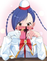 Rule 34 | 1girl, aika granzchesta, andanden, aria (manga), blurry, blush, bow, bowtie, box, braid, brown eyes, capelet, covered mouth, depth of field, earrings, gift, gift box, gloves, gold trim, hands up, happy valentine, highres, himeya company uniform, holding, jewelry, parted bangs, pink background, red bow, red bowtie, red headwear, shadow, single glove, solo, swept bangs, twin braids, uniform, upper body, v-shaped eyebrows, white capelet, white gloves, white headwear