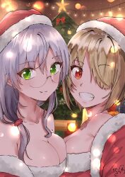 2girls absurdres asymmetrical_docking blonde_hair breast_press breasts christmas christmas_tree cleavage glasses green_eyes grey_hair grin hair_ornament hair_over_one_eye hair_over_shoulder heaven_burns_red highres izumi_yuki_(heaven_burns_red) kayamori_ruka large_breasts lens_flare long_hair low-tied_long_hair multiple_girls red_eyes round_eyewear santa_costume short_hair smile syyn_(syyndev) yuri