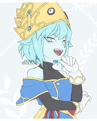 Rule 34 | 1girl, aeos, bare shoulders, blue eyes, blue hair, blue skin, clock, colored skin, dragon ball, dragon ball heroes, earrings, female focus, gloves, hand on own chin, highres, jewelry, looking at viewer, nanatsuba (c4 eczq), off shoulder, open mouth, short hair, simple background, smile, solo, super dragon ball heroes, tiara