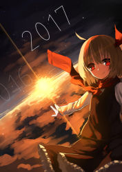 Rule 34 | 1girl, 2016, 2017, black skirt, black vest, blonde hair, closed mouth, cloud, embellished costume, flying, hair ribbon, highres, long sleeves, looking at viewer, new year, outstretched arms, red eyes, red ribbon, red scarf, ribbon, rumia, scarf, sh (shinh), skirt, skirt set, smile, solo, spread arms, sunrise, touhou, vest