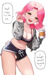 Rule 34 | 1girl, :d, artist name, black shorts, breasts, cameltoe, cleavage, commentary, cowboy shot, cropped jacket, cup, dolphin shorts, eden (shiroki yuutsu), english commentary, english text, fingernails, highres, holding, holding cup, jacket, leaning forward, looking at viewer, medium breasts, medium hair, open clothes, open jacket, open mouth, original, panties, pantyshot, pink hair, short shorts, shorts, simple background, smile, solo, speech bubble, sports bra, teeth, underwear, upshorts, vanilla (eden (shiroki yuutsu)), white background, white panties, yellow eyes