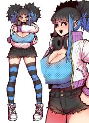 Rule 34 | 1girl, :p, ^ ^, arm under breasts, armpits, black hair, blue hair, blue nails, blue shirt, blush, breasts, cleavage, closed eyes, contrapposto, denim, denim shorts, foreshortening, hand on own chest, hand on own hip, headphones, headphones around neck, highres, jacket, large breasts, multicolored hair, multiple views, open hands, open mouth, purple eyes, purple hair, satsuki ouhara, shirt, shorts, simple background, smile, solo, standing, streaked hair, striped clothes, striped thighhighs, teihen no daigaku janaru, thighhighs, tongue, tongue out, twintails, white background, white jacket, zyugoya