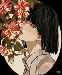 Rule 34 | 1boy, black border, black eyes, black hair, blunt bangs, blunt ends, bob cut, border, branch, collared shirt, flower, from side, hair behind ear, head tilt, highres, kagoya1219, looking at viewer, looking to the side, male focus, original, outside border, parted lips, plant, portrait, red flower, shirt, signature, straight hair, white background, white shirt