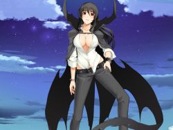 Rule 34 | 1girl, arided, belt, black hair, bracelet, breasts, cape, cleavage, jewelry, large breasts, long hair, nitroplus, no bra, open clothes, open shirt, red eyes, shirt, sleeves rolled up, solo, sumaga