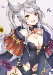 Rule 34 | 1girl, animal ears, arms at sides, black leotard, braid, braided bangs, breasts, collarbone, cowboy shot, detached pants, ear piercing, erune, fraux, gradient background, granblue fantasy, highres, hooded robe, leotard, long hair, looking at viewer, medium breasts, open clothes, open mouth, open robe, oversized clothes, oversized shirt, piercing, pilokey, ponytail, robe, shirt, silver hair, single braid, solo, swept bangs, teeth, upper teeth only, yellow eyes