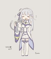 Rule 34 | 156m, 1girl, artist name, bare shoulders, blush, boots, braid, breasts, cleavage, commentary request, crown braid, dress, emilia (re:zero), closed eyes, flower, full body, grey background, hair flower, hair ornament, highres, long hair, notice lines, open mouth, pointy ears, puck (re:zero), re:zero kara hajimeru isekai seikatsu, silver hair, simple background, smile, solo, thigh boots, thighhighs, white dress, white flower, white footwear, white thighhighs