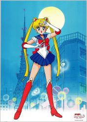 Rule 34 | 1990s (style), 1girl, arm up, back bow, bishoujo senshi sailor moon, bishoujo senshi sailor moon (first season), blue eyes, blue sailor collar, blue skirt, boots, border, bow, brooch, choker, city, company name, crescent, crescent choker, crescent earrings, double bun, double w, earrings, elbow gloves, full moon, gloves, hair bun, hair ornament, highres, jewelry, knee boots, leotard, logo, long hair, looking at viewer, magical girl, miniskirt, moon, night, non-web source, official art, open mouth, outdoors, pink footwear, pleated skirt, retro artstyle, sailor collar, sailor moon, scan, skirt, solo, standing, tadano kazuko, tiara, toei animation, tokyo (city), tokyo tower, tsukino usagi, twintails, very long hair, w