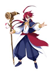 Rule 34 | 1boy, adell (disgaea), adell (summoner) (disgaea), ahoge, alternate hairstyle, blue pants, demon boy, disgaea, disgaea rpg, full body, glasses, hair between eyes, harada takehito, holding, holding staff, long hair, male focus, official alternate costume, official art, pants, pointy ears, red hair, shirt, shoes, smile, staff, transparent background
