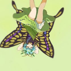 Rule 34 | 1girl, antennae, aqua hair, bloomers, butterfly wings, closed eyes, closed mouth, dress, eternity larva, fairy, feet out of frame, green background, green dress, insect wings, leaf, leaf on head, luhua xiedai, multicolored clothes, multicolored dress, short hair, short sleeves, simple background, smile, solo, touhou, underwear, upside-down, white bloomers, wings