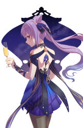 Rule 34 | 1girl, alcohol, backless dress, backless outfit, bare shoulders, black pantyhose, blue dress, blush, breasts, champagne, cleavage, cup, double bun, dress, drinking glass, genshin impact, hair bun, hair ornament, highres, keqing (genshin impact), keqing (opulent splendor) (genshin impact), looking at viewer, multicolored clothes, multicolored dress, night, night sky, pantyhose, simple background, sky, smile, white background, zai (pixiv)