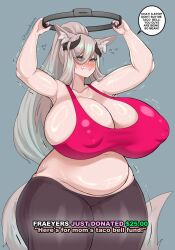 Rule 34 | 1girl, animal ears, armpits, arms up, bare shoulders, belly, blush, brand name imitation, breasts, bright pupils, cleavage, collarbone, controller, covered erect nipples, cowboy shot, crop top, english text, exercise, eyelashes, fangs, fat, female focus, flying sweatdrops, fox ears, fox girl, fox tail, fraeya (vtuber), gaikiken, grey background, half-closed eyes, highres, holding, holding controller, huge breasts, long hair, mature female, midriff, motion lines, navel, no bra, pantyhose, plump, ponytail, red eyes, ring fit adventure, shiny clothes, shiny skin, sideboob, solo, speech bubble, standing, sweat, tail, trembling, virtual youtuber, white pupils, wide hips