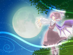 Rule 34 | 1girl, closed eyes, dress, female focus, full moon, gradient background, hat, kneehighs, kuro mame, leaf, long sleeves, moon, music, mystia lorelei, nature, night, night sky, open mouth, outdoors, outstretched arms, outstretched hand, pink hair, plant, profile, shoes, short hair, singing, sky, socks, solo, standing, touhou, winged footwear, wings