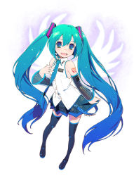 Rule 34 | 1girl, blue hair, boots, detached sleeves, gradient hair, green eyes, green hair, hatsune miku, highres, long hair, looking at viewer, matching hair/eyes, multicolored hair, necktie, open mouth, shiwasu takashi, skirt, solo, thigh boots, thighhighs, twintails, very long hair, vocaloid, wings, zettai ryouiki