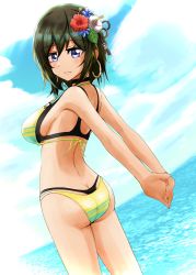 Rule 34 | 1girl, akashi maho, artist request, ass, back, bare shoulders, bikini, blue eyes, blue sky, blush, breasts, butt crack, choker, d4dj, earrings, green hair, hair ornament, highres, jewelry, large breasts, looking at viewer, multicolored hair, ocean, short hair, sideboob, sky, solo, stretching, swimsuit, swimsuit over clothes, tagme, whale tail (clothing), yellow bikini