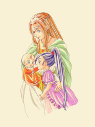 Rule 34 | 1boy, 2girls, :o, aged down, baby, bald, ballpoint pen (medium), blue eyes, blush, blush stickers, brown hair, cape, child, circlet, colored pencil (medium), commentary request, dragon quest, dragon quest xi, dress, earrings, eleanor (dq11), green cape, hair ornament, hair scrunchie, hero (dq11), holding baby, hoop earrings, jewelry, long hair, martina (dq11), mother and son, multiple girls, necklace, purple dress, purple eyes, purple hair, red scrunchie, scrunchie, shiori (totto info25), smile, traditional media, very long hair, white dress