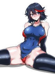 Rule 34 | 1girl, absurdres, bad id, bad pixiv id, black hair, blue eyes, blush, breasts, commentary, competition swimsuit, covered navel, gggg, highres, kill la kill, looking at viewer, matoi ryuuko, multicolored hair, one-piece swimsuit, short hair, simple background, sitting, solo, spread legs, swimsuit, thighhighs, two-tone hair, white background