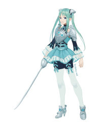 Rule 34 | 1girl, aqua hair, armor, bad id, bad pixiv id, blue eyes, blue skirt, butyou (mika1412), full body, grey footwear, high heels, holding, holding sword, holding weapon, long hair, long sleeves, looking at viewer, original, pantyhose, rapier, sidelocks, skirt, solo, standing, sword, twintails, watermark, weapon, web address, white background, white pantyhose