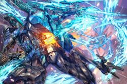 Rule 34 | armored core, armored core 6, cowboy shot, day, double-blade, energy blade, explosion, fighting stance, glowing, glowing eyes, green eyes, gun, handgun, highres, holding, holding gun, holding weapon, mecha, mecha focus, midair, missile pod, no humans, outdoors, robot, science fiction, solo, steel haze, thrusters, twitter username, uungunover, weapon, weapon on back