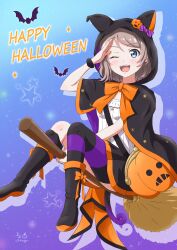 1girl absurdres arm_up bag bat_(animal) bat_wings blush boots bow breasts broom cape commentary dvermayo genjitsu_no_yohane grey_hair halloween halloween_bucket highres hood looking_at_viewer love_live! love_live!_sunshine!! one_eye_closed open_mouth pumpkin ribbon salute simple_background sitting smile solo star_(symbol) teeth thighhighs thighs upper_teeth_only watanabe_you wavy_hair wings witch