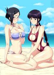 Rule 34 | 2girls, bare shoulders, barefoot, beach, bikini, black hair, bleach, blue sky, blunt bangs, braid, braided ponytail, breasts, choker, cleavage, cleavage cutout, clothing cutout, cloud, collarbone, color connection, commentary, day, english commentary, feet, female focus, folded ponytail, foot out of frame, glasses, hand on another&#039;s thigh, hand up, highres, horizon, ise nanao, kneeling, kurotsuchi nemu, large breasts, legs, lindaroze, long hair, looking at viewer, multi-strapped bikini, multiple girls, navel, ocean, one-piece swimsuit, outdoors, paid reward available, parted lips, red choker, red one-piece swimsuit, sitting, sky, soles, swimsuit, toes, trait connection, twitter username, water, watermark, web address