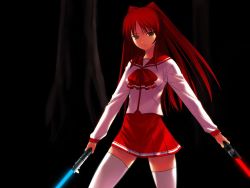 Rule 34 | 00s, 1girl, black background, bow, bowtie, brown eyes, cowboy shot, dual wielding, energy sword, holding, holding sword, holding weapon, kousaka tamaki, long hair, long sleeves, looking at viewer, red hair, red skirt, school uniform, shirt, simple background, skirt, solo, standing, sword, thighhighs, to heart (series), to heart 2, very long hair, weapon, white shirt, white thighhighs, zettai ryouiki