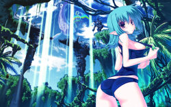 Rule 34 | 1girl, ass, bandaid, bandaids on nipples, blue eyes, blue hair, day, matching hair/eyes, nanao naru, nature, original, pasties, pointy ears, scenery, sky, solo, swimsuit, whale