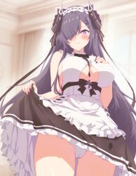 Rule 34 | 1girl, absurdres, apron, arbiter1, august von parseval (azur lane), august von parseval (the conquered unhulde) (azur lane), azur lane, between breasts, black horns, black nails, breasts, cleavage cutout, clothes lift, clothing cutout, cowboy shot, curled horns, dress, frilled apron, frilled skirt, frills, green eyes, grey hair, hair over one eye, hand on own chest, highres, horns, lifted by self, long hair, looking at viewer, maid, maid headdress, mechanical horns, nail polish, official alternate costume, one eye covered, panties, pantyshot, skirt, skirt lift, sleeveless, sleeveless dress, smile, strap between breasts, two-tone dress, underboob cutout, underwear, waist apron, white apron, white panties
