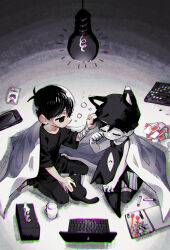 Rule 34 | 2boys, animal hat, antenna hair, bandaged arm, bandages, black cat, black eyes, black hair, black headwear, black pants, black shirt, black tank top, black thighhighs, card, cat, cat hat, checkers piece, chessboard, child, chromatic aberration, closed eyes, colored skin, computer, crayon, cup, drawing (object), dual persona, expressionless, from above, full body, hand on another&#039;s headwear, hand on headwear, hand up, hat, highres, indoors, laptop, looking at another, male focus, mug, multiple boys, nintendo switch, omori, omori (omori), on floor, pants, playing card, rubbing eyes, shared blanket, shirt, short hair, short sleeves, shorts, sitting, sketchbook, sleep bubble, sleepy, something (omori), striped clothes, striped shorts, sunny (omori), t-shirt, tank top, thighhighs, tissue box, toastytoast, under covers, wariza, white shorts, white skin