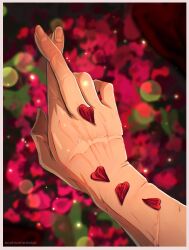 Rule 34 | 1boy, acatnamedskai, artist name, blurry, blurry background, border, commentary, crossed fingers, fingernails, flower, heart, highres, light particles, male focus, out of frame, petals, pov, pov hands, red flower, scar, scar on arm, scar on hand, solo, symbol-only commentary, trigun, vash the stampede, white border