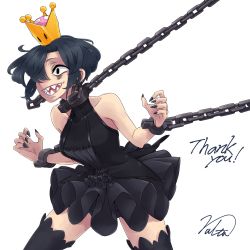 Rule 34 | absurdres, bare shoulders, black eyes, black hair, black skirt, black thighhighs, bob cut, chain, chain earrings, chain leash, commission, commissioner upload, crazy eyes, cuffs, fingernails, frilled skirt, frills, highres, leash, mario (series), naruta (m rem), new super mario bros. u deluxe, nintendo, open mouth, princess chain chomp, restrained, shackles, sharp fingernails, sharp teeth, skeb commission, skirt, super crown, teeth, thank you, thighhighs