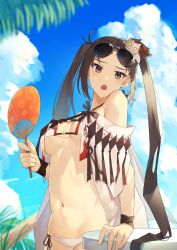 Rule 34 | 1girl, :o, ao tsukushi, bikini, black eyes, blue sky, breasts, brown hair, cloud, day, earrings, eyewear on head, fate/grand order, fate (series), hair ornament, hand fan, highres, holding, holding fan, jewelry, long hair, looking at viewer, medium breasts, multiple earrings, open clothes, outdoors, palm tree, sky, solo, sunglasses, swimsuit, table, tree, twintails, very long hair, white bikini, wrist straps, yu mei-ren (fate), yu mei-ren (swimsuit lancer) (fate)