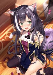 Rule 34 | 1girl, absurdres, animal ear fluff, animal ears, black hair, black panties, black thighhighs, blurry, blurry foreground, blush, breasts, cat ears, cat girl, cat tail, clothes theft, covering crotch, covering privates, detached sleeves, fang, from above, hair down, highres, karyl (princess connect!), long hair, looking at viewer, medium breasts, multicolored hair, on floor, open mouth, panties, panties around leg, princess connect!, rumiko (rmeco), single thighhigh, sitting, skin fang, solo, streaked hair, tail, theft, thighhighs, thighs, underwear, underwear theft, v arms, very long hair, wariza, white hair