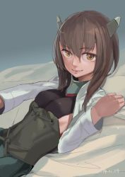 Rule 34 | 10s, 1girl, breasts, brown eyes, brown hair, corset, kantai collection, looking at viewer, lying, on back, short hair, small breasts, smile, solo, taihou (kancolle), toro (konirio)