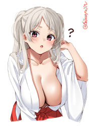 Rule 34 | 1girl, ?, blush, breasts, brown eyes, cleavage, conte di cavour (kancolle), ebifurya, grey hair, hair between eyes, hakama, hakama skirt, hanging breasts, highres, japanese clothes, kantai collection, large breasts, long hair, long sleeves, looking at viewer, miko, no bra, nontraditional miko, official alternate costume, one-hour drawing challenge, red hakama, simple background, skirt, smile, solo, twitter username, two side up, white background, wide sleeves
