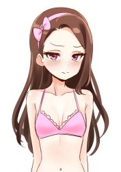 Rule 34 | 1girl, blush, bow, bra, breasts, brown hair, cleavage, deadnooodles, hair bow, hairband, idolmaster, idolmaster (classic), long hair, looking at viewer, minase iori, navel, pink bra, red eyes, small breasts, solo, sweat, underwear, wavy mouth