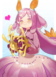 1girl absurdres cum cum_on_body dress facial heart highres monster_girl original pink_dress pink_hair sakurami_sumi sea_slug_ears sea_slug_girl smile tagme tentacles yellow_eyes