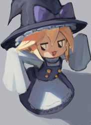 Rule 34 | 1girl, :3, :d, absurdres, apron, arms up, black dress, black eyes, black hat, blonde hair, bow, buttons, chibi, commentary, cookie (touhou), double-breasted, dress, frilled hat, frills, hat, hat bow, highres, kirisame marisa, looking at viewer, nyztsune, open mouth, purple bow, shirt, sleeves past fingers, sleeves past wrists, smile, solo, touhou, very long sleeves, white apron, white shirt, witch hat, yuuhi (cookie)