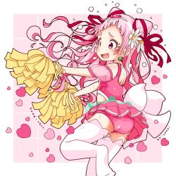 Rule 34 | 10s, 1girl, :d, ao yasai, blush, bow, cone hair bun, cowboy shot, cure yell, double bun, earrings, flower, hair bun, hair flower, hair ornament, hair ribbon, heart, heart hair ornament, highres, holding, hugtto! precure, jewelry, leotard, long hair, magical girl, nono hana, open mouth, pink eyes, pink hair, pink leotard, pink skirt, pleated skirt, pom pom (cheerleading), precure, red ribbon, ribbon, skirt, smile, solo, standing, standing on one leg, tears, thighhighs, white bow, white thighhighs