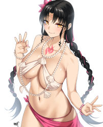Rule 34 | 1girl, absurdres, bare shoulders, bikini, black hair, blush, bracelet, braid, breasts, chest tattoo, cleavage, facial mark, fate/grand order, fate (series), flower, forehead mark, hair flower, hair ornament, highres, jewelry, kisaragi tsurugi, large breasts, long hair, looking at viewer, multicolored hair, nail polish, navel, necklace, parted bangs, pearl bracelet, pearl necklace, pink hair, sarong, sessyoin kiara, sessyoin kiara (swimsuit mooncancer), sessyoin kiara (swimsuit mooncancer) (first ascension), shell, shell necklace, simple background, smile, streaked hair, swimsuit, tattoo, thighs, twin braids, very long hair, white background, white bikini, yellow eyes