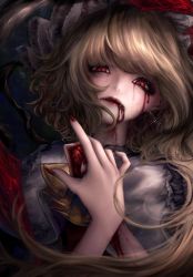 Rule 34 | 1girl, blonde hair, blood, blood on clothes, blood on face, blood on hands, crystal, dark background, eyebrows hidden by hair, eyelashes, fangs, fingernails, flandre scarlet, guro, hat, hat ribbon, heart (organ), highres, lips, long fingernails, long hair, looking at viewer, mizuhichi, mob cap, nail polish, puffy short sleeves, puffy sleeves, realistic, red eyes, red nails, ribbon, short sleeves, slit pupils, solo, swept bangs, touhou, upper body, vampire, wings