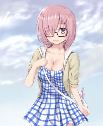 Rule 34 | 1girl, ashfair, breasts, casual, cleavage, cloud, cloudy sky, cowboy shot, day, dress, fate/grand order, fate (series), fou (fate), glasses, hair over one eye, hood, hoodie, mash kyrielight, mash kyrielight (senpai killer outfit), official alternate costume, plaid, plaid dress, purple eyes, purple hair, sky, smile, solo