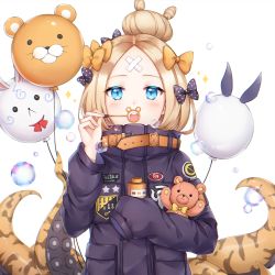 Rule 34 | 1girl, :o, abigail williams (fate), abigail williams (traveling outfit) (fate), black bow, black jacket, blonde hair, blue eyes, bow, bubble, blowing bubbles, commentary request, fate/grand order, fate (series), fou (fate), hair bow, hair bun, hand up, holding, jacket, long hair, long sleeves, looking at viewer, hugging object, official alternate costume, open mouth, orange bow, parted bangs, polka dot, polka dot bow, pong (vndn124), round teeth, simple background, single hair bun, sleeves past fingers, sleeves past wrists, solo, stuffed animal, stuffed toy, suction cups, teddy bear, teeth, tentacles, upper teeth only, white background