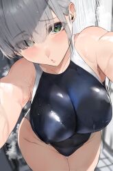 Rule 34 | 1girl, black one-piece swimsuit, blush, breasts, collarbone, commentary request, competition swimsuit, eyes visible through hair, green eyes, grey hair, hair over one eye, highres, hololive, large breasts, lips, looking at viewer, one-piece swimsuit, selfie, shirogane noel, short hair, solo, swimsuit, thighs, tomochi (tmc tmc8), virtual youtuber, wet, wet clothes, wet swimsuit
