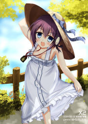 Rule 34 | 1girl, :d, blue eyes, blurry, bow, breasts, cleavage, clothes lift, dated, day, depth of field, dress, dress lift, fang, hair ornament, hat, hat bow, higashihongan sanae, highres, leaning forward, looking at viewer, open mouth, purple hair, rokujouma no shinryakusha!?, see-through, short hair, small breasts, smile, solo, straw hat, sun hat, sundress, white dress, x2
