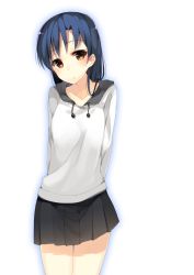 Rule 34 | 1girl, 7zu7, arms behind back, blue hair, blush, idolmaster, idolmaster (classic), kisaragi chihaya, looking at viewer, simple background, skirt, solo, white background